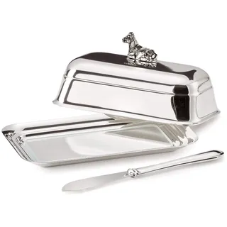 Edzard Butterdose Kuh 8 x 13 cm, edel versilbert, mit Glasplatte, für 180 Gramm Butter, mit passendem Buttermesser - Butterglocke, Butterschale, Dose für Butter Aufbewahrung