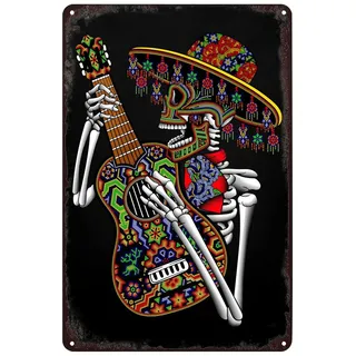 SREELEATHERS Vintage-Metallschilder – mexikanisches Skelett spielende Gitarre Poster Mexiko Day of the Dead Skull Blechschild Wandkunst Dekor Plakette für Zuhause Bar Pub Club Wohnzimmer 20.3x30.5 cm