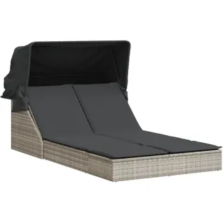 vidaXL Doppel-Sonnenliege mit Dach und Auflagen Hellgrau Poly Rattan - Grau