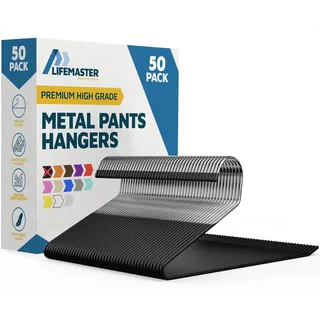 Lifemaster Hosenbügel-Set aus Metall, elegant, rutschfest, platzsparend, für Hosen, Hosen, Decken und Jeans, mit Gummibeschichtung und offenem Ende, schlankes Design, Schwarz, 50 Stück