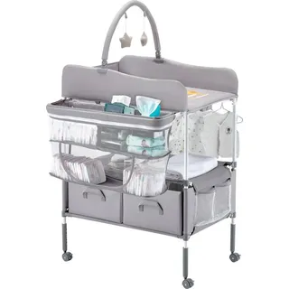 Faltbarer Wickeltisch mit Seitenkorb und Aufhängestange - Graue Wickelstation - Platzsparender Babywickeltisch