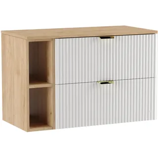 WENA Waschtischunterschrank 100 cm, geriffelte Fronten, Griffe aus Metall in der Farbe Gold (Farbe: Weiß, Eiche Regal und Holzplatte) - Weiß