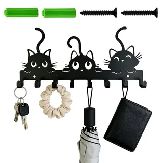 XoeLLe Schlüsselbrett Schwarz Katzenmotiv Schlüsselbrett mit Ablage mit 8 Schlüsselhaken mit Ablage Geeignet Für Eingangsbereich, Haustür, Flur, Schlafzimmer, Büro, Braun und Küche