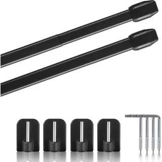 Vitragestangen 2er Pack Schwarz 60 - 90 cm + 4er Klebehaken - Schwarz