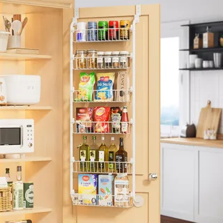 Delamu Tür Organizer, Vorratsschrank-Organizer & Gewürzregal hängend, 6-stöckiges Türregal für die Speisekammer, platzsparendes Hängeregal Küche, einfache Montage, H 127 × B 45,7 × T 12,7 cm, Weiß