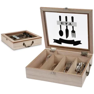 WPAJIRZO Besteckkasten mit Deckel - Holz Besteck Organizer mit 5 Fächern & Sichtfenster für Tischplatte oder Schubladen - Holzbox mit Griff für Besteckaufbewahrung