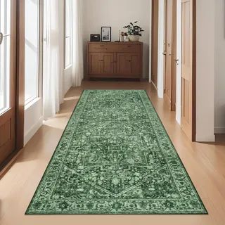 Cekene Boho Teppich Läufer Flur Grün 80x200cm rutschfest Küchenteppich Waschbar Lang Flur Teppich für Küche Eingang Schlafzimmer Wohnzimmer