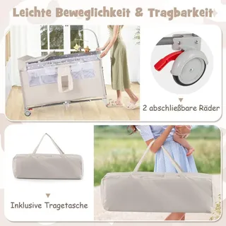 5 in 1 Beistellbett klappbar Reisebett mit Matratze 2 Ebene Babybett mit Rollen Beige - Beige