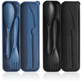 2 Stück Besteck Set, Reisebesteck mit Etui, Wiederverwendbares Plastikbesteck, Plastik Löffel Messer und Gabel Set, Tragbares Besteckset für Unterwegs Camping Outdoor Picknick