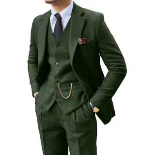 Fxzpiodi Retro 3-teiliger Anzug Tweed Fischgrätenmuster Herrenanzüge Slim Fit Bräutigam Smoking Set Abschlussball Braun Grau Jacke Blazer Weste Hose, Grün, L