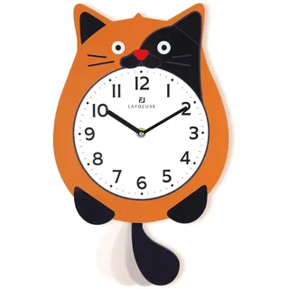 Lafocuse Orange Katzen Wanduhr Holz mit Schwingendem Pendel, Modern Kinder Wanduhr Batteriebetrieben, Pendeluhr Deko für Kinderzimmer Schlafzimmer Wohnzimmer