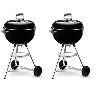 Weber Bar-B-Kettle Holzkohlegrill, Ø 47cm Grillfläche,BBQ Grill mit porzellanemaillierten Deckel & Kessel, Dreibein-Ständer & Räder, verchromter Grillrost- Schwarz (1231004) (Packung mit 2)
