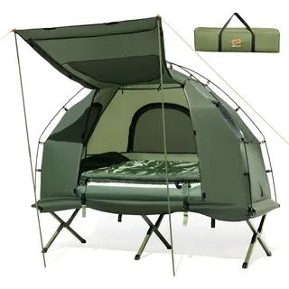 COSTWAY Feldbett mit Zelt, Campingbett mit Vorzelt, Luftmatratze, Schlafsack, Kissen und Tragetasche, Campingliege 194x87x167cm - Grün