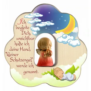 MaMeMi Schutzengel-WANDBILD in ROT mit Gebetsbüchlein für MÄDCHEN, ca. 12 cm, 3D-Engel mit Gold, Spruch & Nachtszene, Geschenk zur Taufe oder Geburt