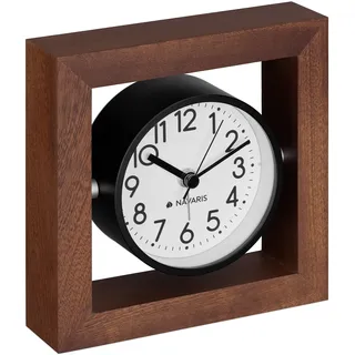 Navaris Analog Holz Tischuhr Quadrat Design - 13,2 x 13,2 x 4,3cm - analoge Uhr ohne Ticken weißes Ziffernblatt - Vintage Zeiger Holzuhr Dunkelbraun
