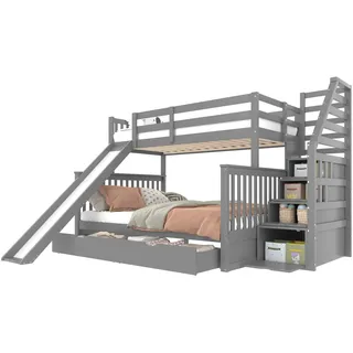 Etagenbett mit 2 Liegeflächen, Lattenrost, Rutsche, Schubladen und Rausfallschutz, 90x200 cm/140x200 cm, Kinderbett - Grau