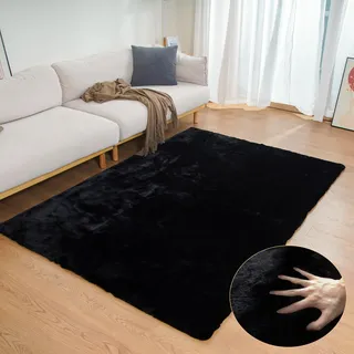 ORINOVA Teppich Wohnzimmer Waschbar Schwarz Flauschig 120x180 cm Kunstfell Teppich Fellteppich Schlafzimmer Kinderzimmer Bettvorleger Weich Rechteckig