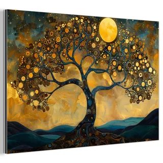 MuchoWow Metallbild Baum - Mond - Blumen - Gold - Kunst 90x60 cm , Orange , Metall , Rechteckig , 90x60 cm , einfache und schnelle Anbringung , Bilder & Rahmen, Bilder, Holz & Metallbilder