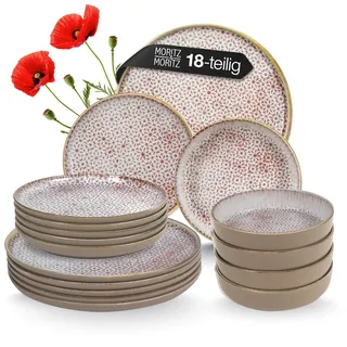 Moritz & Moritz ALHAMBRA Geschirrset 6 Personen 18-tlg. aus hochwertigem Porzellan - Modernes Tafelservice in Mousse - Pflegeleichtes Geschirr Set aus je 6x Speiseteller, Dessertteller und Schalen