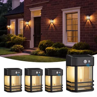 btfarm Solarlampen für Außen mit Bewegungsmelder, 3 Modi Solar Wandleuchte | 4 Stück Retro Warmweiß Solarleuchten Aussenleuchte, IP65 Wasserdicht, Kabellos für Wand Zaun Terrasse Veranda Garten Garage