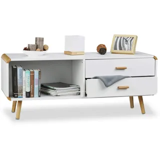 Relaxdays Sideboard abgerundet mit 2 Schubladen, langes Lowboard mit Beine, flache TV-Bank HxBxT 48 x 120 x 40 cm, weiß