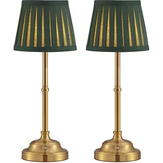 VISDANFO LED Tischlampe Kabellos 2er Set, Dimmbare Vintage Nachttischlampe, Retro Tischlampe Akku, 4000mAh Batteriebetrieben, Geeignet Für Innen, Outdoor, Bar, Wohnzimmer (Gold + Grün Lampenschirm)