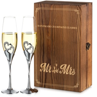 NUPTIO Sektgläser Hochzeit für Brautpaar 2er set: Personalisierte Kristall Hochzeitsgeschenke für Brautpaar, Silbernes Geschenkset Verlobung Anstoßen Jahrestag, mit Geschenkbox aus Holz