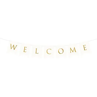 Herzlich Willkommen Girlande 15x95cm Papier Banner Welcome Geburt Baby Party Schule Kinder Deko weiß P&D Flaggengirlande Girlande Welcome weiß Gold, ca. 0,95 Meter