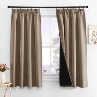 PONY DANCE 100% Blickdichte Vorhänge mit Kräuselband 2er Set Thermovorhang gegen Kälte Verdunkelnde Gardinen Wohnzimmer Kurz Doppellagige Verdunklungsgardine, H 145 x B 140 cm, Cappuccino