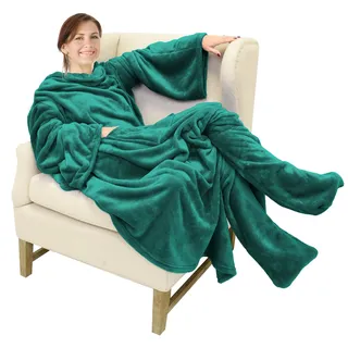 Catalonia Classy Decke mit Ärmeln und Fußtasche Geschenk für Frauen Herren, Flauschig Fleece Tragbare Kuscheldecke mit Ärmeln, Warm Decke zum Anziehen Ärmeldecke Erwachsene, 190 x 135 cm Grün