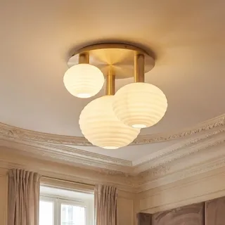 Licht-Erlebnisse Deckenleuchte Gold Weiß Metall Glas geriffelt blendarm Büro Esszimmer 3-flammig Kugeln E27 B:53,5 cm rund elegant stilvoll Deckenlampe Schlafzimmer