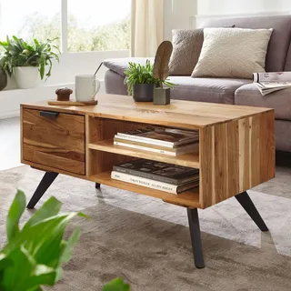 FineBuy Couchtisch Akazie Massivholz 95cm · Rechteckiger Wohnzimmertisch mit Schublade & Ablagefächern · Schwarze Metallbeine im Industrial Design - Braun
