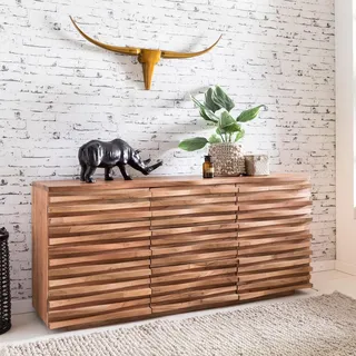 FineBuy Sideboard Akazie Massivholz 160 cm 2 Türen & 3 Schubladen - Massive Retro Kommode mit Design Front - Natur Anrichte - Handdustrial - Braun
