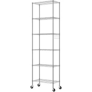 BATHWA Verstellbares 6-stufiges Drahtregal mit seitlichen Haken und Industrierädern, robuste Lagerregale für Küche, Garage, Wohnzimmer, Metallregale, silberfarben, Silber