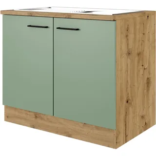 Flex-Well Exclusiv Spülenschrank DSPU Cara 100 cm Schilfgrün matt-Artisan Eiche