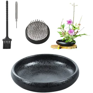 WANDIC Ikebana Schale Japanisch, Keramik Blumenvase mit 4 cm Großem Kenzan Vase Blumenfrosch und Blumenigel Arrangement Tool für Blumenarrangements, Heimdekoration, Schwarz Gepunktet