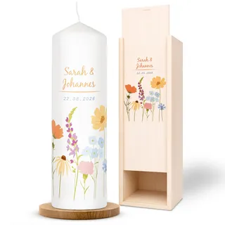 AMARI ® Hochzeitskerze personalisiert Blumenwiese 25/8 cm - mit Namen & Datum – Elegante Traukerze für Hochzeit & Standesamt – Individuelles Geschenk zur Trauung