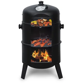 Multi 3-in-1 Rund-Gartengrill mit 40 cm Smoker, Abdeckhaube, Thermometer, Garden Smoker - Schwarz