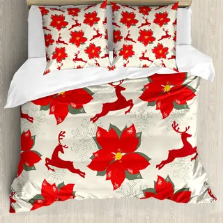 ABAKUHAUS Weihnachten Bettbezug, Poinsettia-Ren, Milbensicher Allergiker geeignet mit Kissenbezügen, 155 cm x 220 cm - 80 x 80 cm, Scharlachrubin Beige - Beige