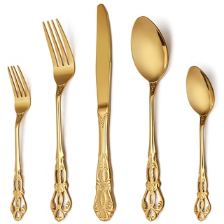 Besteckset Royal Gold 20-teilig, Gold Besteck Set 4 Personen aus Edelstahl, Luxus Royal Besteck Messer und Gabel Set Hochglanzpoliert spülmaschinenfest für Hochzeitsfest Bankett Geschenk