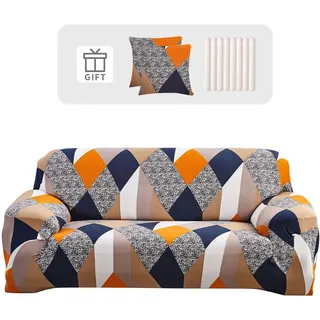 Lydevo Sofabezug 2 Sitzer Stretch Sofahusse Elastischer Sofabezug Spandex Sofa Überzug mit 2 Kissenbezug Anti-Rutsch Waschbar Sofa Protection Cover Schonbezug Couch,Geometrisch Orange