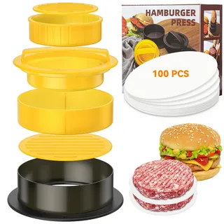 HOOMIL Burgerpresse, 3-in-1 Hamburgerpresse Set, [Spülmaschinenfest] Profi Burger Patty Presse mit 100 Blatt Antihaft Burgerpapier für leckere Hamburger, Patties - Gelb