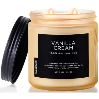 M&SENSE Vanille Sahne Duftkerzen im Glas große mit 2 Dochte, 330g 70 Stunden Brenndauer, natürliche Sojawachs, Aromatherapie Duftkerze, Geschenk Kerze und Heimdekoration für Frauen und Männer
