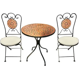 Bistro-Set aus Eisen, 1 Tisch, 2 Stühle mit runden Sitzkissen, Mosaik