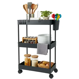 Relaxdays Rollwagen, 3 Etagen, Servierwagen, Küchenwagen Bad & Büro, Rollregal, HBT: 62,5x40x22 cm, Bastelwagen, schwarz
