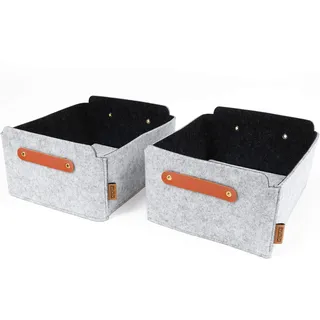 Miqio® Design Aufbewahrungsbox aus Filz mit Ledergriff | hochwertiger Korb aus Filz | Filzbox mit Echtleder Elementen | grau meliert | Filzkorb 2er Set