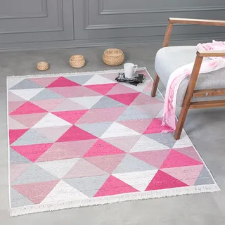 Kurzflor Teppich Läufer - Boho Kelim Teppich, Wohnzimmerteppich, Schlafzimmer und Küchenteppich, Flur Teppich, 50 x 80 cm, Karo-Hellrosa - Rosa