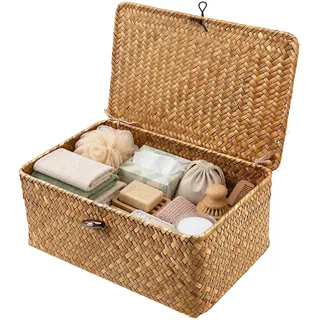 Aufbewahrungskorb aus geflochtenem Rattan – Seegras Korb mit Deckel, handgeflochten, mit stabilem Drahtgestell, Wäschekörbe,Körbe & Aufbewahrungsbox Badezimmer, Schlafzimmer, Wohnzimmer(M 26*16*10cm)