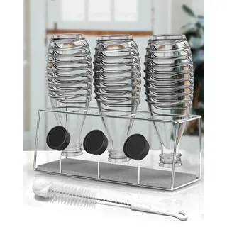 Howdah Flaschenhalter für SodaStream Abtropfgestell Flaschen Duo Küche Soda Rack Edelstahl Silber 3 Sodaflaschen und Flaschendeckel mit Schnell Trocknenden Saugfähige Kieselgur und Bürste