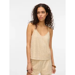 Spaghettitop VERO MODA "VMMAYA V-NECK SINGLET TOP JRS", Damen, Gr. S, beige (birch), Jersey, Obermaterial: 95% Polyester, 5% Elasthan, unifarben, regular fit normal, V-Ausschnitt, Tops Spaghettitop, Materialmix, regular fit